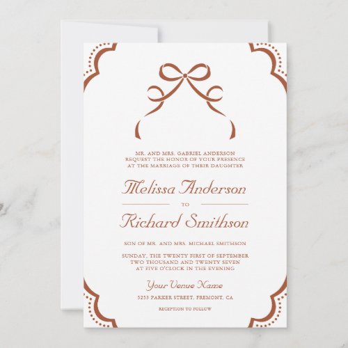 Terracotta White Lace Coquette Bow QR Code Wedding Invitation