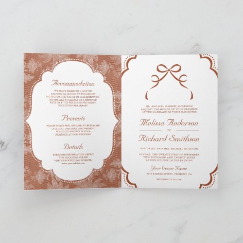Terracotta White Lace Coquette Bow QR Code Wedding Invitation