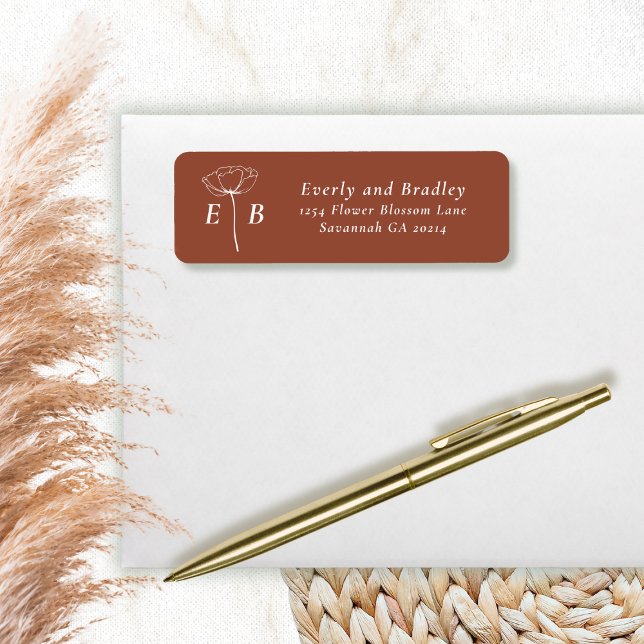 Terracotta White Monogram Floral Accent Address Label (Creator Uploaded)
