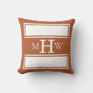 Terracotta & White Monogrammed Banner Border Throw Pillow
