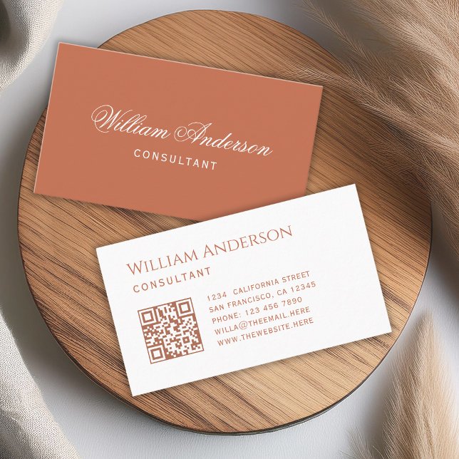 Terracotta White QR Code and Calligraphy Simple  Business Card (Creator Uploaded)