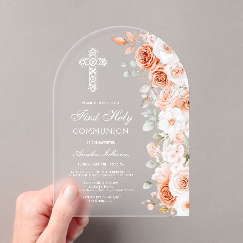 Terracotta White Roses Arch First Communion Acrylic Invitations