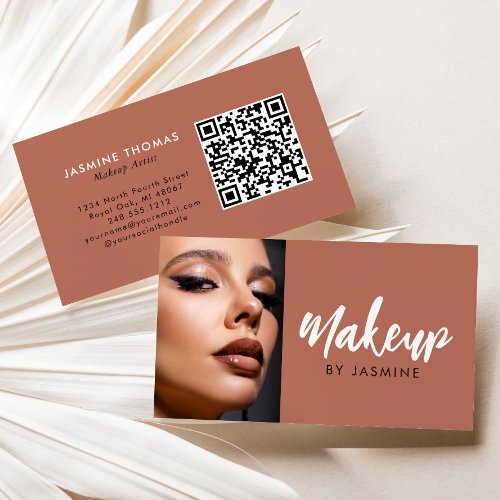 Terracotta White Script QR Code Photo Makeup Business Card