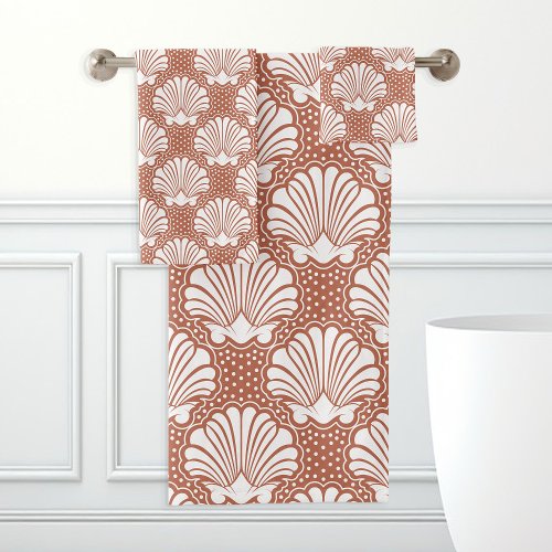 Terracotta &Amp;Amp; White Seashell Bath Towel Set