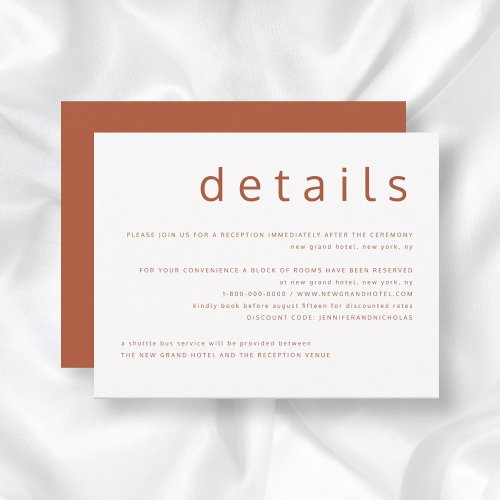 Terracotta  White Typography Wedding Details Enclosure Card