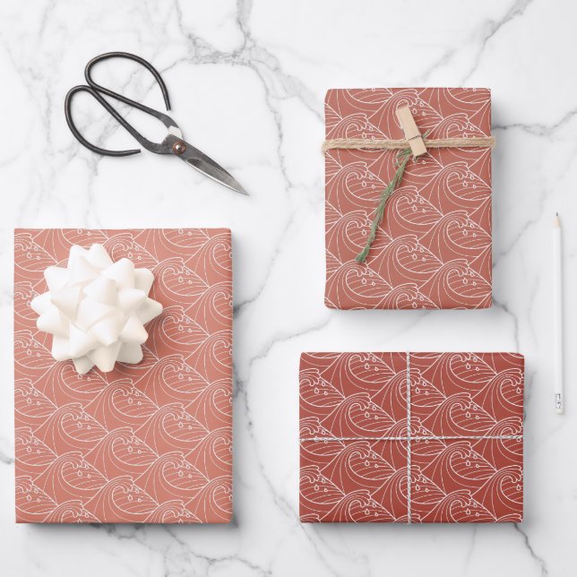 Terracotta White waves pattern Wrapping Paper Sheets (Front)