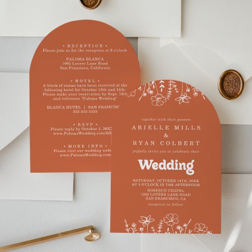 Terracotta White Wildflower Front & Back Wedding  Invitation