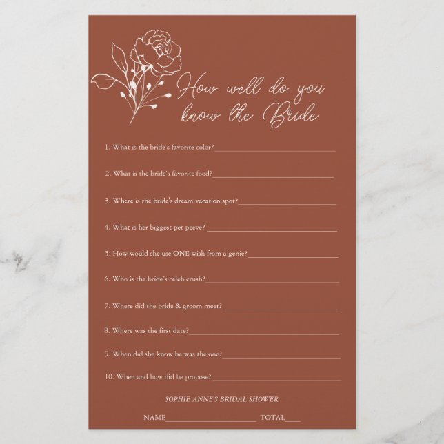 Terracotta Who Knows The Bride Bridal Shower Game (Front)