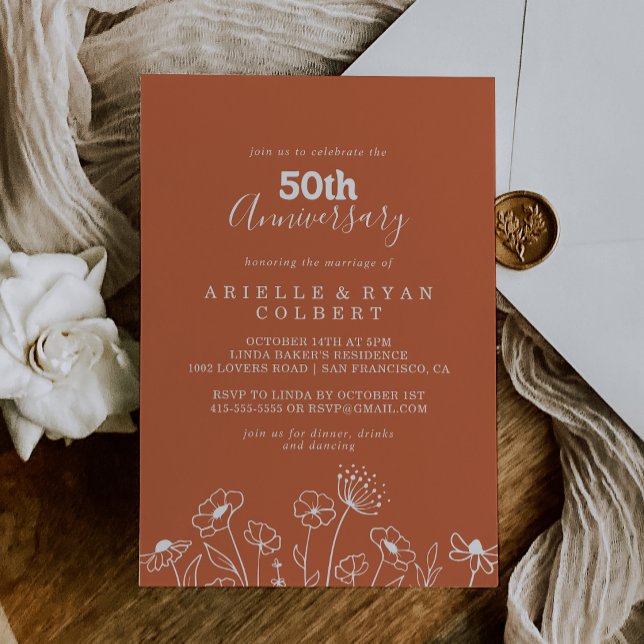 Terracotta Wildflower 50th Wedding Anniversary Invitation (Creator Uploaded)