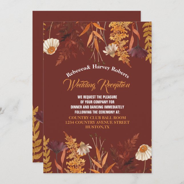 Terracotta Wildflower Autumn Wedding Reception Invitation (Front/Back)