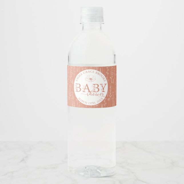 Terracotta Wildflower Baby Shower Water Bottle Label (Front)