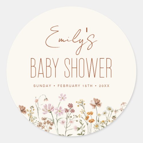 Terracotta Wildflower Boho Baby Shower In Bloom Classic Round Sticker