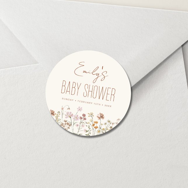 Terracotta Wildflower Boho Baby Shower In Bloom Classic Round Sticker (Creator Uploaded)