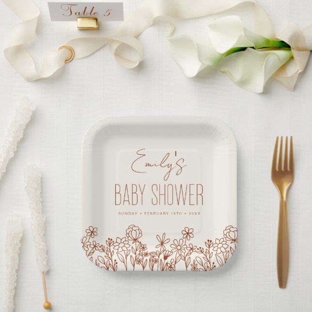 Terracotta Wildflower Boho Baby Shower In Bloom Paper Plates (Wedding)