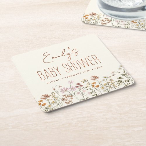 Terracotta Wildflower Boho Baby Shower In Bloom Square Paper Coaster