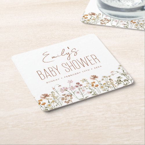 Terracotta Wildflower Boho Baby Shower In Bloom Square Paper Coaster