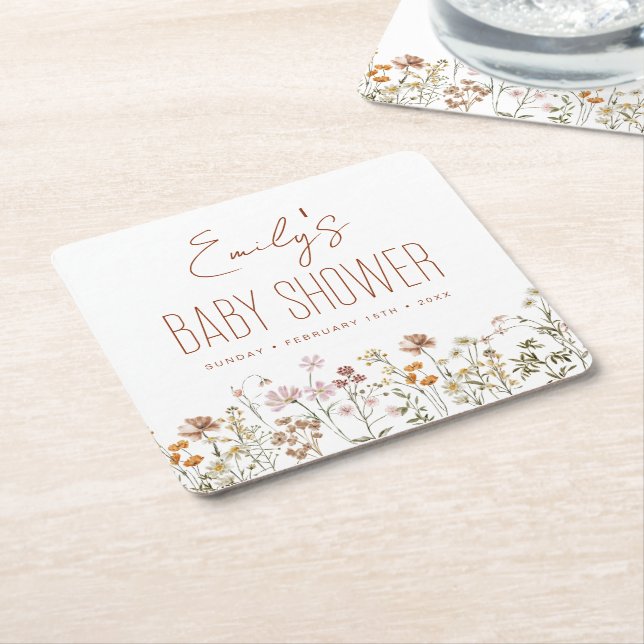 Terracotta Wildflower Boho Baby Shower In Bloom Square Paper Coaster (Angled)