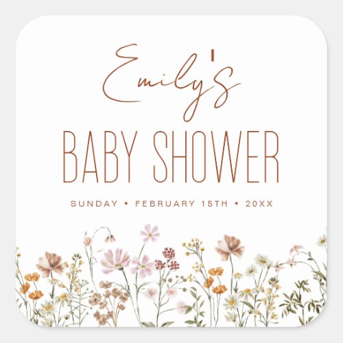 Terracotta Wildflower Boho Baby Shower In Bloom Square Sticker