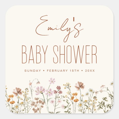 Terracotta Wildflower Boho Baby Shower In Bloom Square Sticker