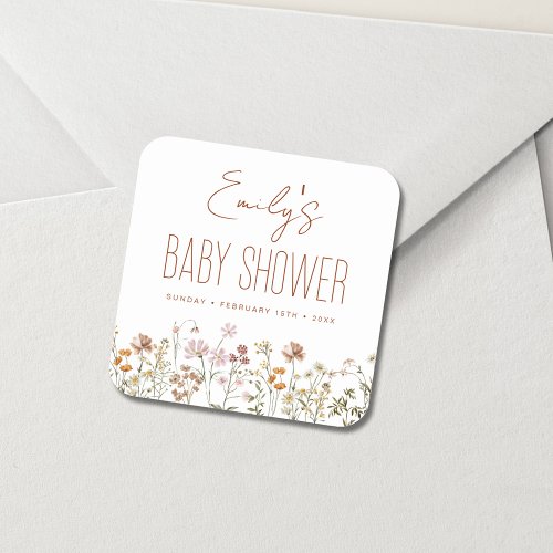 Terracotta Wildflower Boho Baby Shower In Bloom Square Sticker