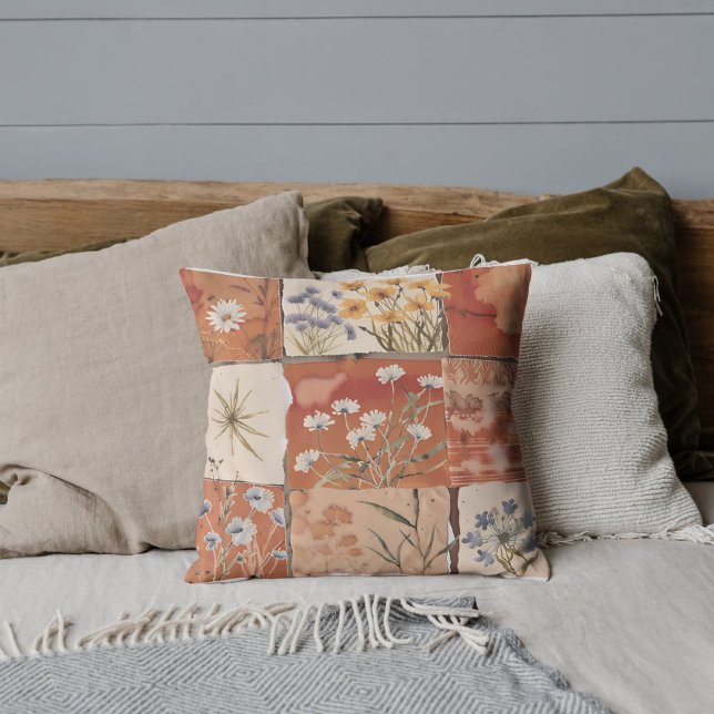 Terracotta Wildflower Boho Patchwork Rustic Spring Throw Pillow (Creator Uploaded)