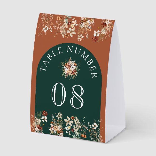 Terracotta Wildflower Emerald Wedding Table Number Paper Table Tent (Front)