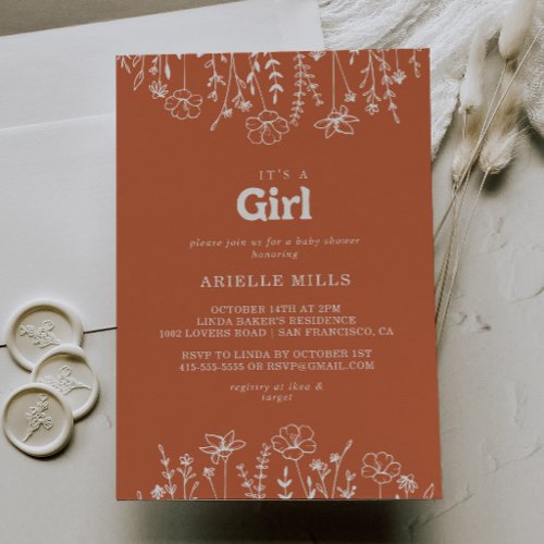 Terracotta Wildflower It's A Girl Baby Shower Invitation