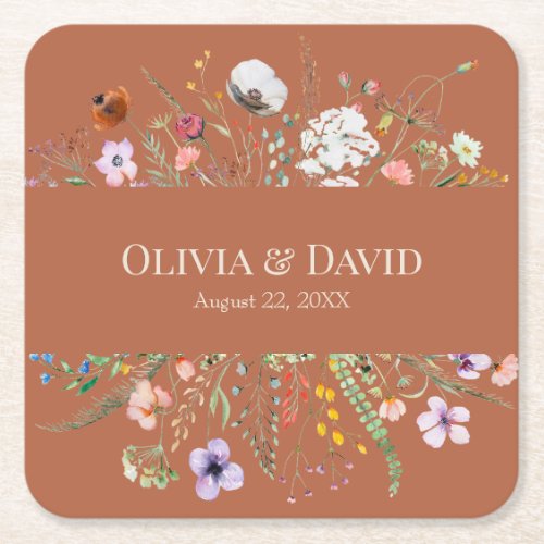 Terracotta Wildflower Meadow Wedding Square Paper Coaster