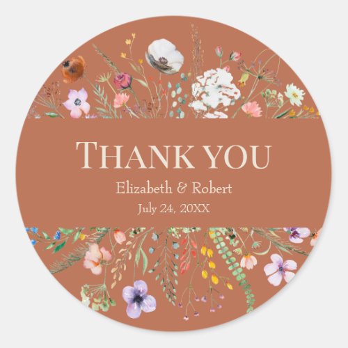 Terracotta Wildflower Meadow Wedding Thank You Classic Round Sticker