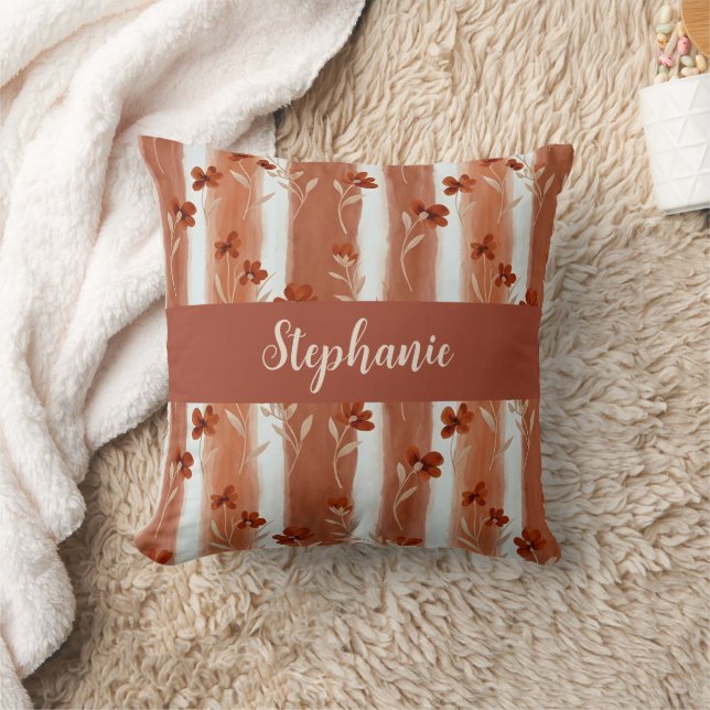 Terracotta Wildflower Monogram Name Boho  Throw Pillow (Blanket)