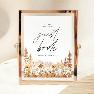 Terracotta Wildflower Mountain Guest Book Wedding Pedestal Sign