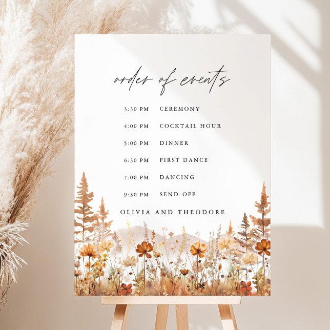Terracotta Wildflower Mountain Order of Events Foam Board (Terracotta wildflower order of events wedding sign with mountain watercolor for boho ceremony)