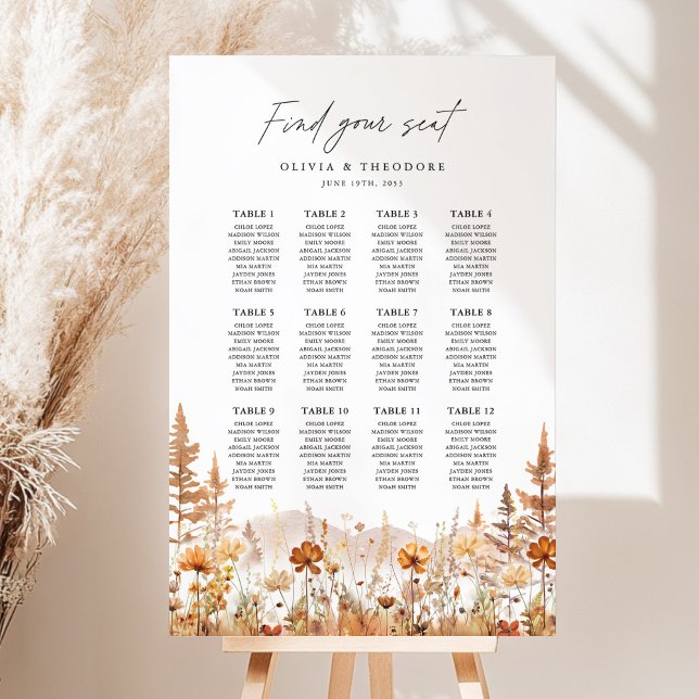 Terracotta Wildflower Mountain Seating Chart Sign (Terracotta wildflower mountain wedding seating chart sign with elegant, outdoor boho rustic wedding)