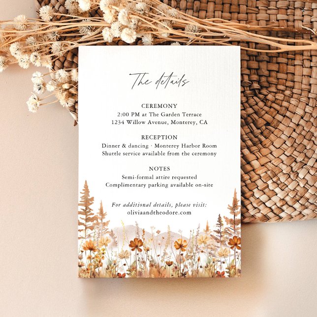 Terracotta Wildflower Mountain Wedding Details, Enclosure Card (Terracotta wildflower mountain wedding details card, elegant rustic boho ceremony & reception info)
