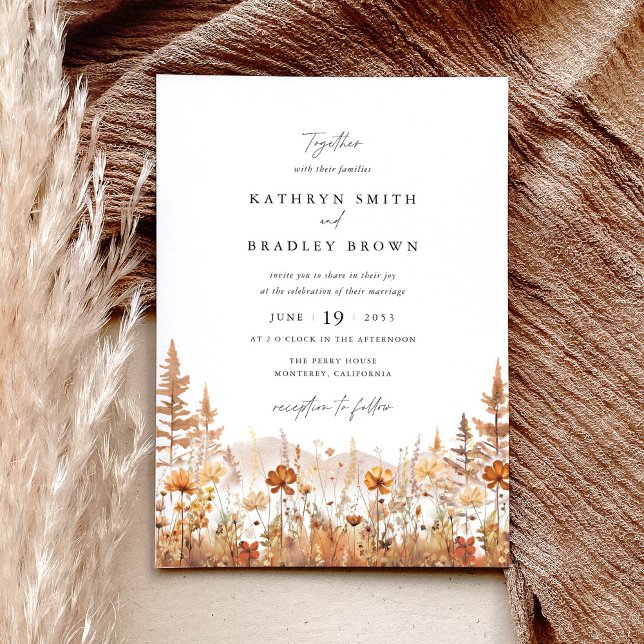 Terracotta Wildflower Mountain Wedding Invitation (Terracotta wildflower mountain wedding invitation with elegant typography and autumn floral design)