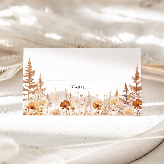 Terracotta Wildflower Mountain Wedding Place Card (Terracotta wildflower wedding place card with mountain, table name tent card for boho reception)