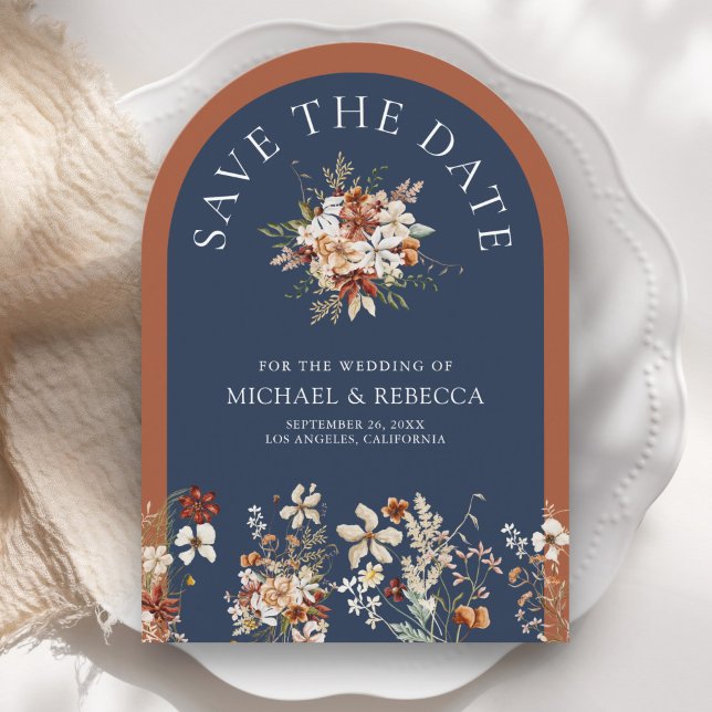 Terracotta Wildflower Navy Blue Wedding Photo Save The Date (Creator Uploaded)