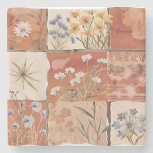 Terracotta Wildflower Patchwork Rustic Boho Spring Stone Coaster