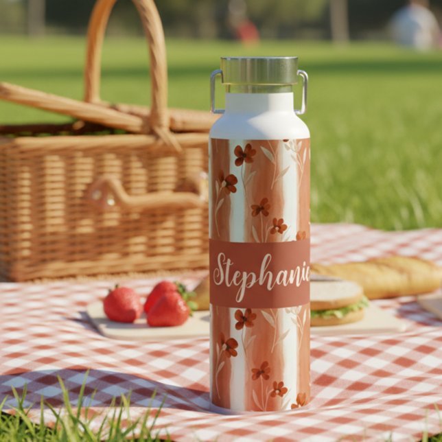 Terracotta Wildflower Personalized Name Boho  Water Bottle (Creator Uploaded)