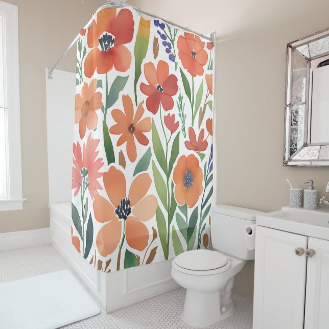 Terracotta Wildflower Rustic Boho Bathroom Decor Shower Curtain (In Situ)