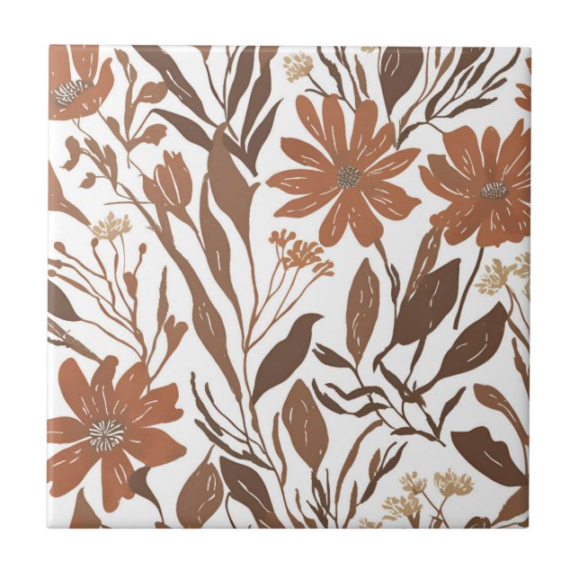 Terracotta Wildflower Rustic Boho Wall Accent  Ceramic Tile (Front)
