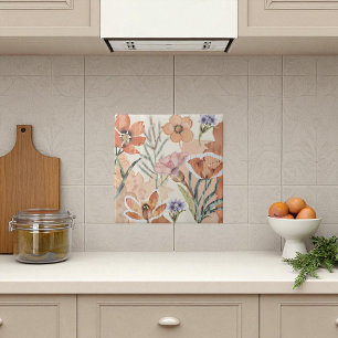 Terracotta Wildflower Rustic Boho Wall Accent Ceramic Tile