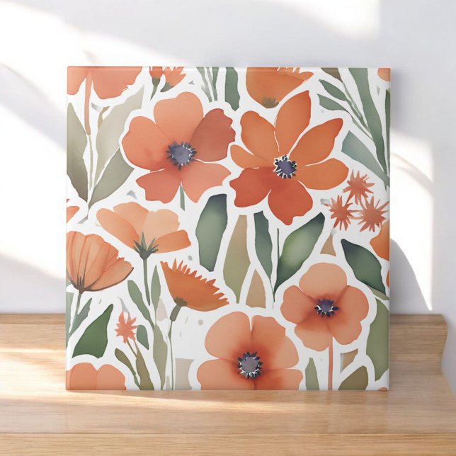 Terracotta Wildflower Rustic Boho Wall Accent  Ceramic Tile (Creator Uploaded)