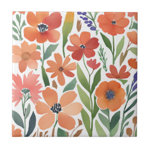 Terracotta Wildflower Rustic Boho Wall Accent Ceramic Tile
