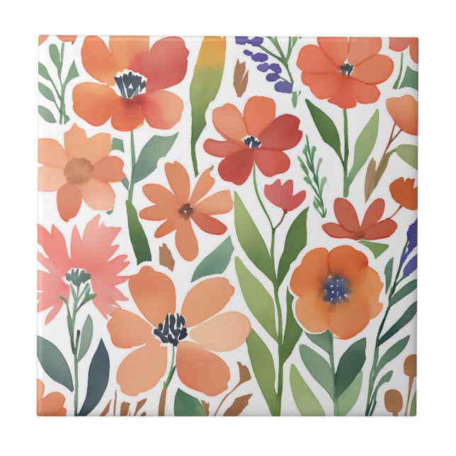 Terracotta Wildflower Rustic Boho Wall Accent  Ceramic Tile (Front)