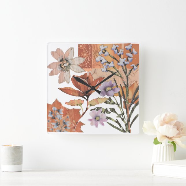 Terracotta Wildflower Rustic Boho Wall Accent Square Wall Clock (Home)