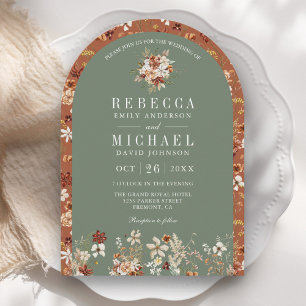 Terracotta Wildflower Sage Green Arch Wedding Invitation