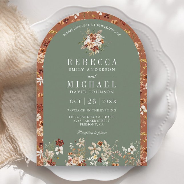 Terracotta Wildflower Sage Green Arch Wedding Invitation (Creator Uploaded)