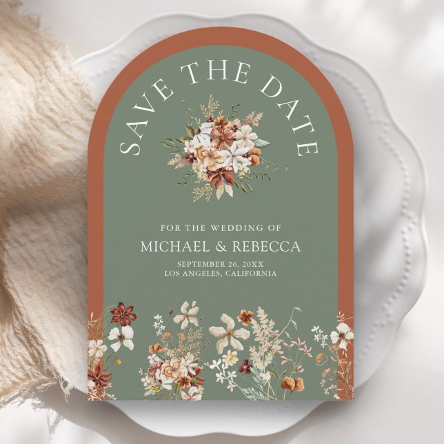 Terracotta Wildflower Sage Green Wedding Photo Save The Date (Creator Uploaded)
