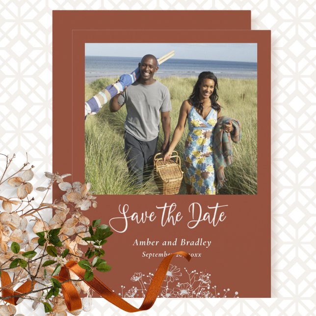 Terracotta Wildflower Simple Photo QR Code Wedding Invitation (Creator Uploaded)